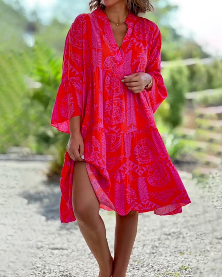 Skylar - Chic V-neck 3/4 Flared Sleeve Ruffle Hem Dress