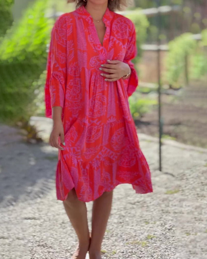 Skylar - Chic V-neck 3/4 Flared Sleeve Ruffle Hem Dress