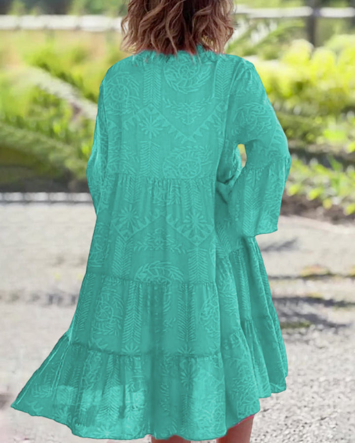 Skylar - Chic V-neck 3/4 Flared Sleeve Ruffle Hem Dress