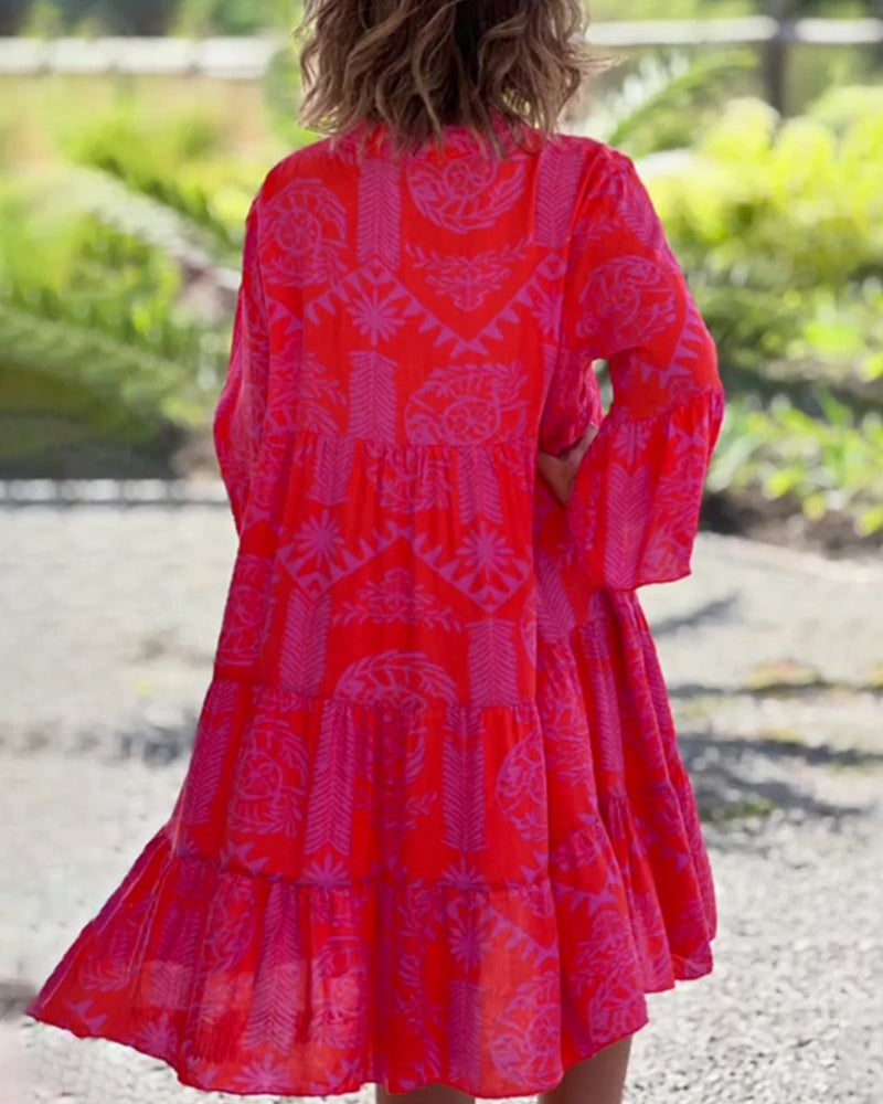 Skylar - Chic V-neck 3/4 Flared Sleeve Ruffle Hem Dress