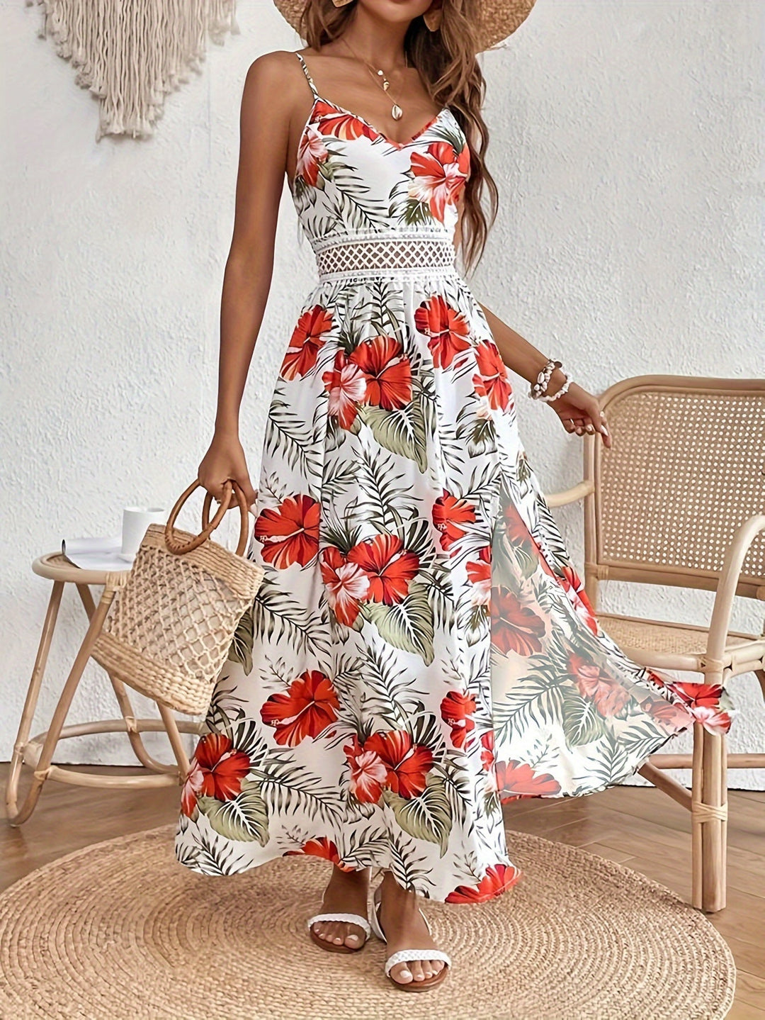Javor - Floral Maxi Dress with V-Neck and Straps