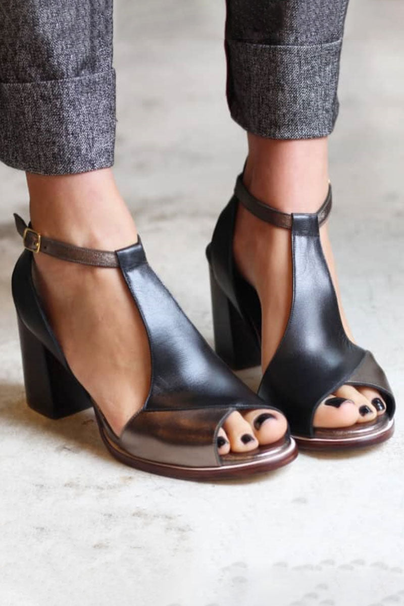 Anyao™ Elegant Black Patchwork Peep Toe Heeled Sandals – Perfect for Any Occasion