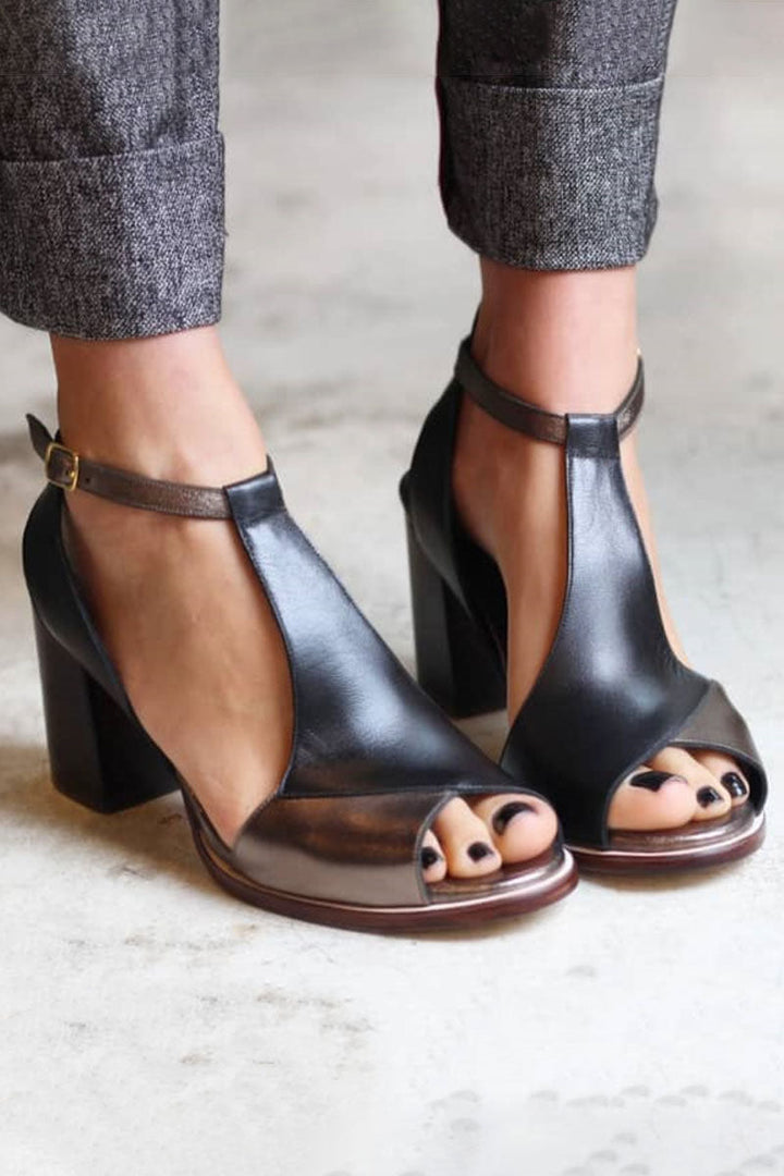Anyao™ Elegant Black Patchwork Peep Toe Heeled Sandals – Perfect for Any Occasion