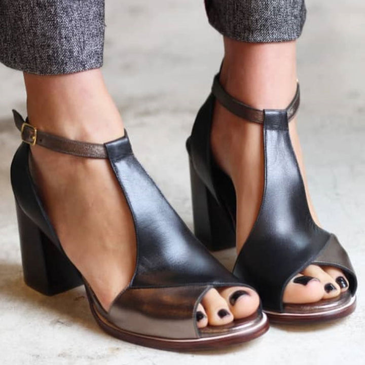 Anyao™ Elegant Black Patchwork Peep Toe Heeled Sandals – Perfect for Any Occasion