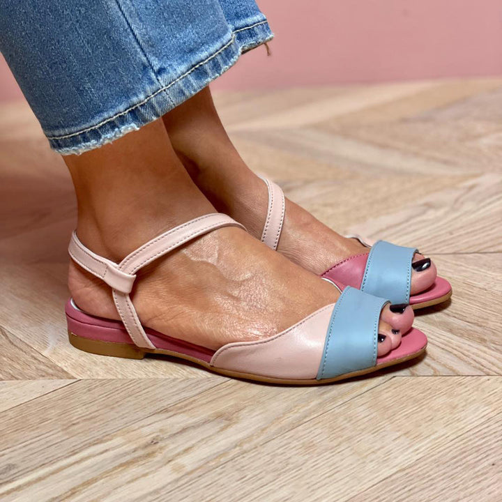 Ellela™ | Elegant pink asymmetric sandals with color-block details